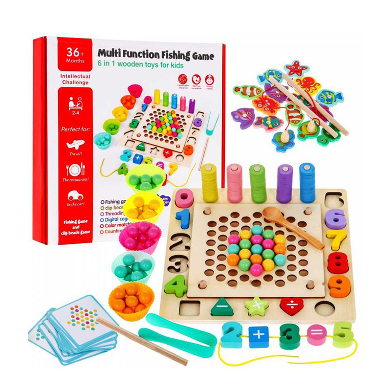 Multi Function Fishing Game 6 in 1 Wooden Toys for Kids Fishing and Clip  Beads Game
